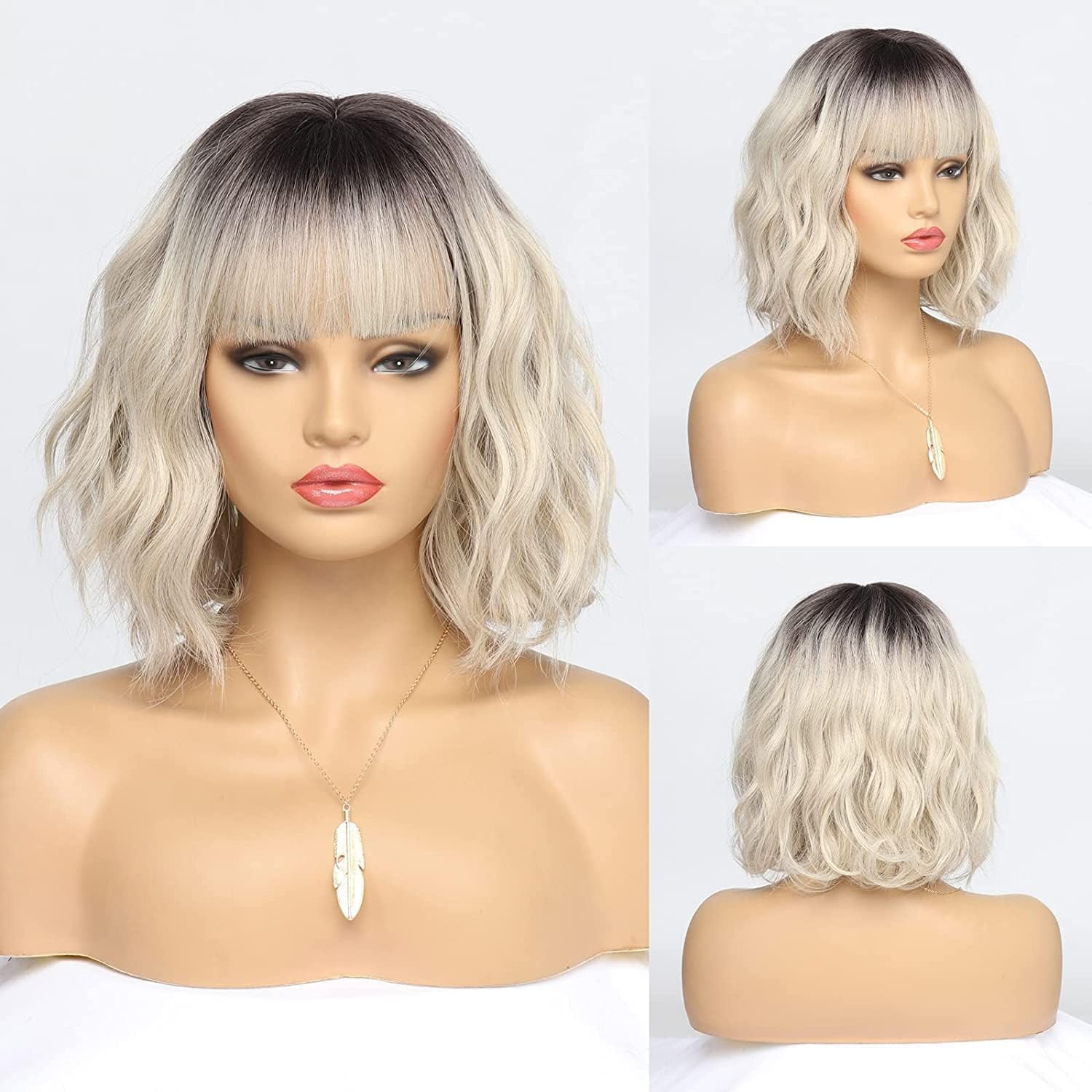 SUCS Short Wigs for Women Grey Wavy Bob Wig with Bangs Medium Length Synthetic Hair Water Wave Dark Roots Wig Gray Colorful Wigs（12 Inches）