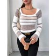 thumbnail image 4 of Women'S Pullover Striped Knit Square Neck Sweater Color Block Long Sleeve Cute Trendy Fuzzy Sweaters Brown XS, 4 of 10