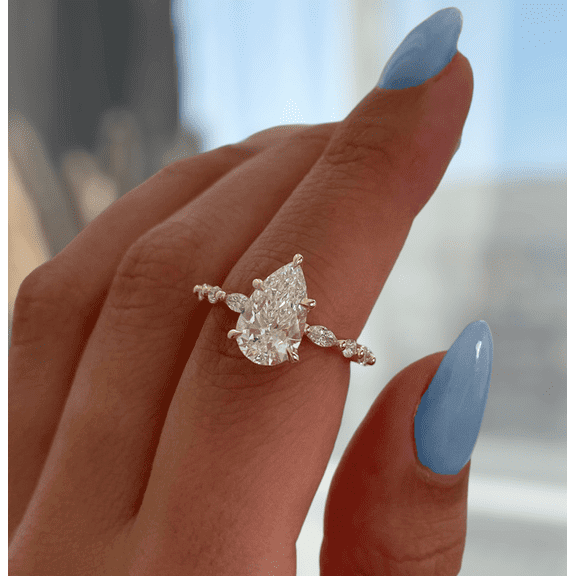 ESTE ORIGIN 2.00Ct Pear Cut Moissanite Solitaire Engagement Ring with Marquise & Round Accent Band in 18K White Gold for Women US 5