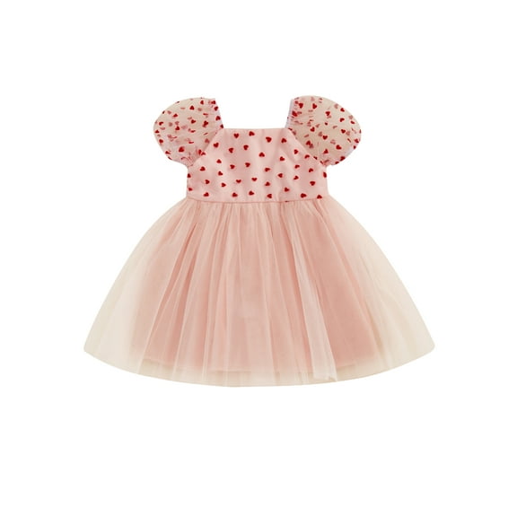 Baby Toddler Girl Tulle Dress 6 12 18 24 Months 2T 3T 4T Puff Sleeve Square Neck Heart Print Loose Dress Toddler A-Line Dresses