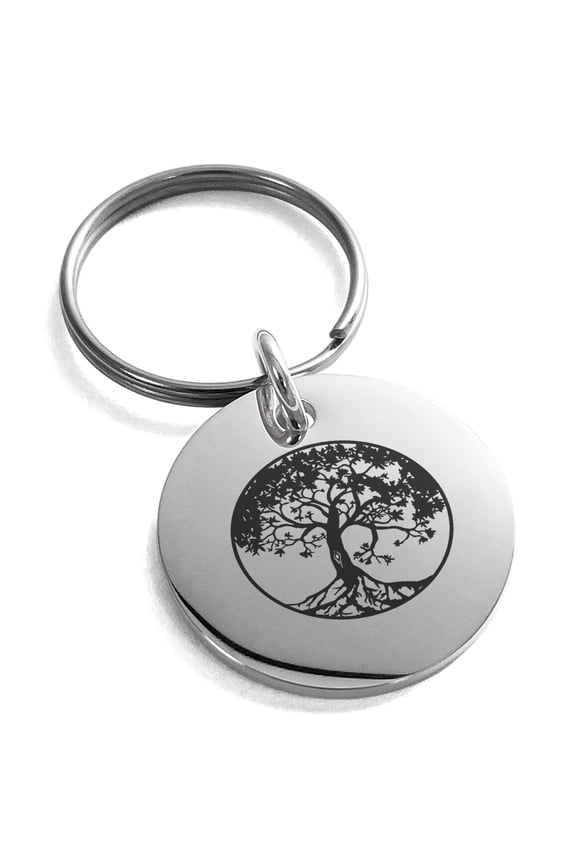 Stainless Steel Tree of Life Engraved Small Medallion Circle Charm Keychain Keyring