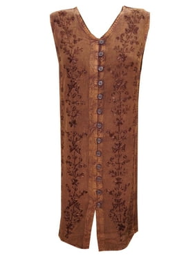 Mogul Women's Shift Dress Rust Brown Embroidered Button Front Comfy Beach Dresses XL