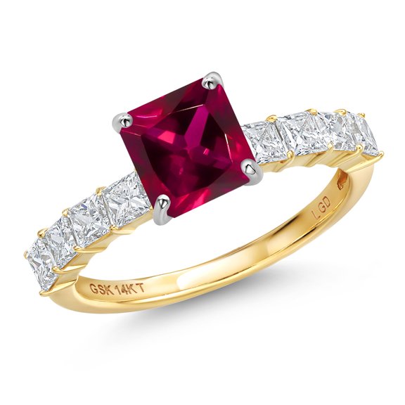 Gem Stone King 14K Two Tone Gold Red Created Ruby and Lab Grown Diamond Engagement Ring for Women | 1.96 Cttw | Princess 7MM | Gemstone July Birthstone | Size 8