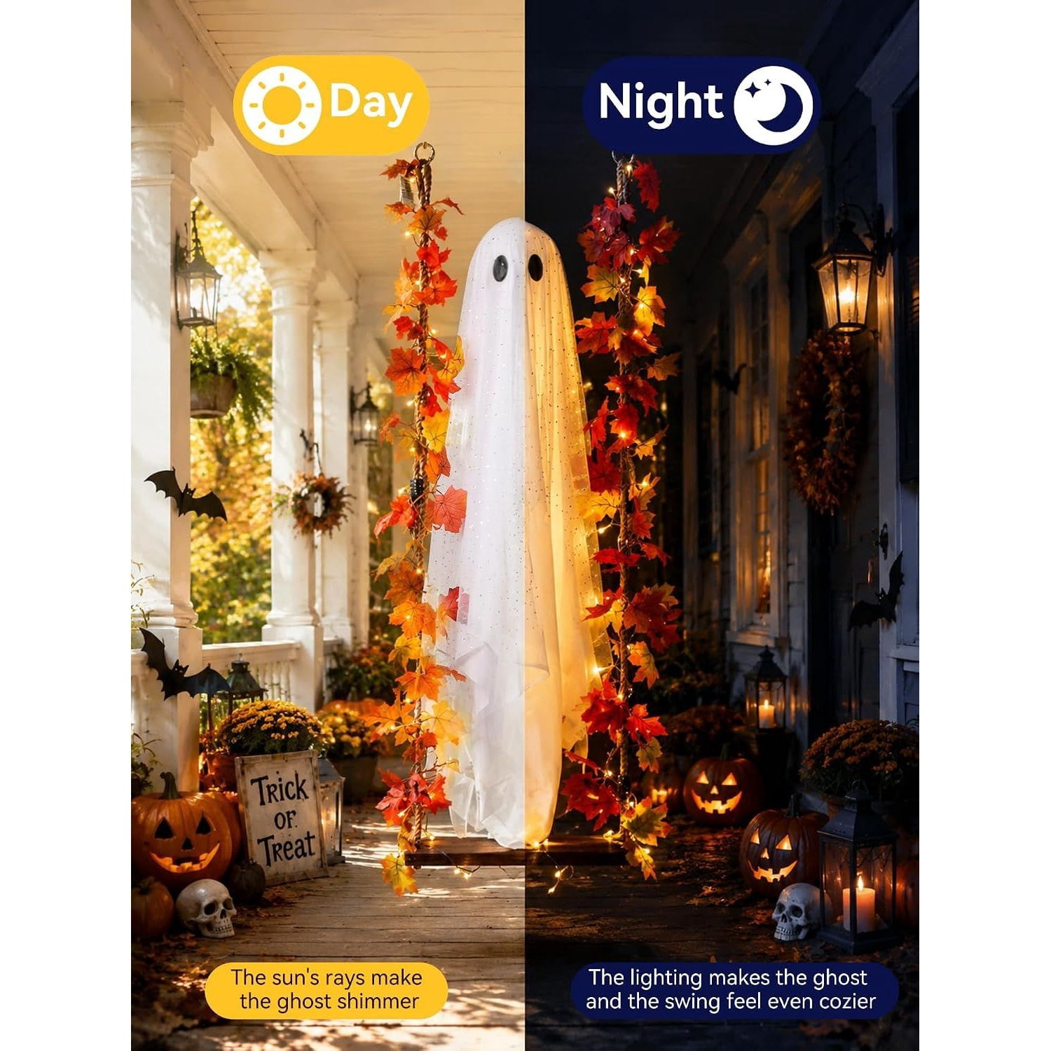 Hanging Ghost Halloween Decoration with Maple Leaf Swing and String Lights, 5.3 ft Ghost, Adjustable 6.6 ft Swing, Indoor Outdoor Yard Porch Tree Decor