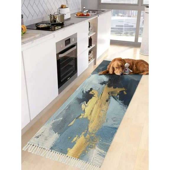 Blue Black Yellow Oil Painting Entryway Runner Rug 2x4ft,Modern Abstract Washable Woven Living Room Hallway Bedroom Kitchen Carpet with Tassels,Indoor Outdoor Throw Door Mat for Entryway