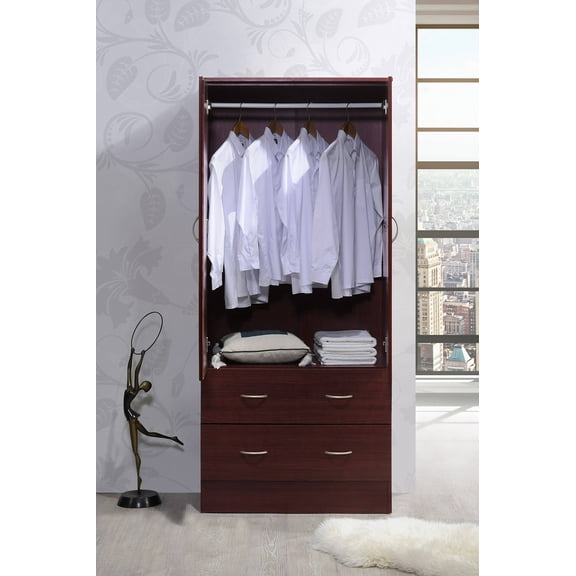 Hodedah Two Door Wardrobe with 2 Drawers and Hanging Rod, Brown