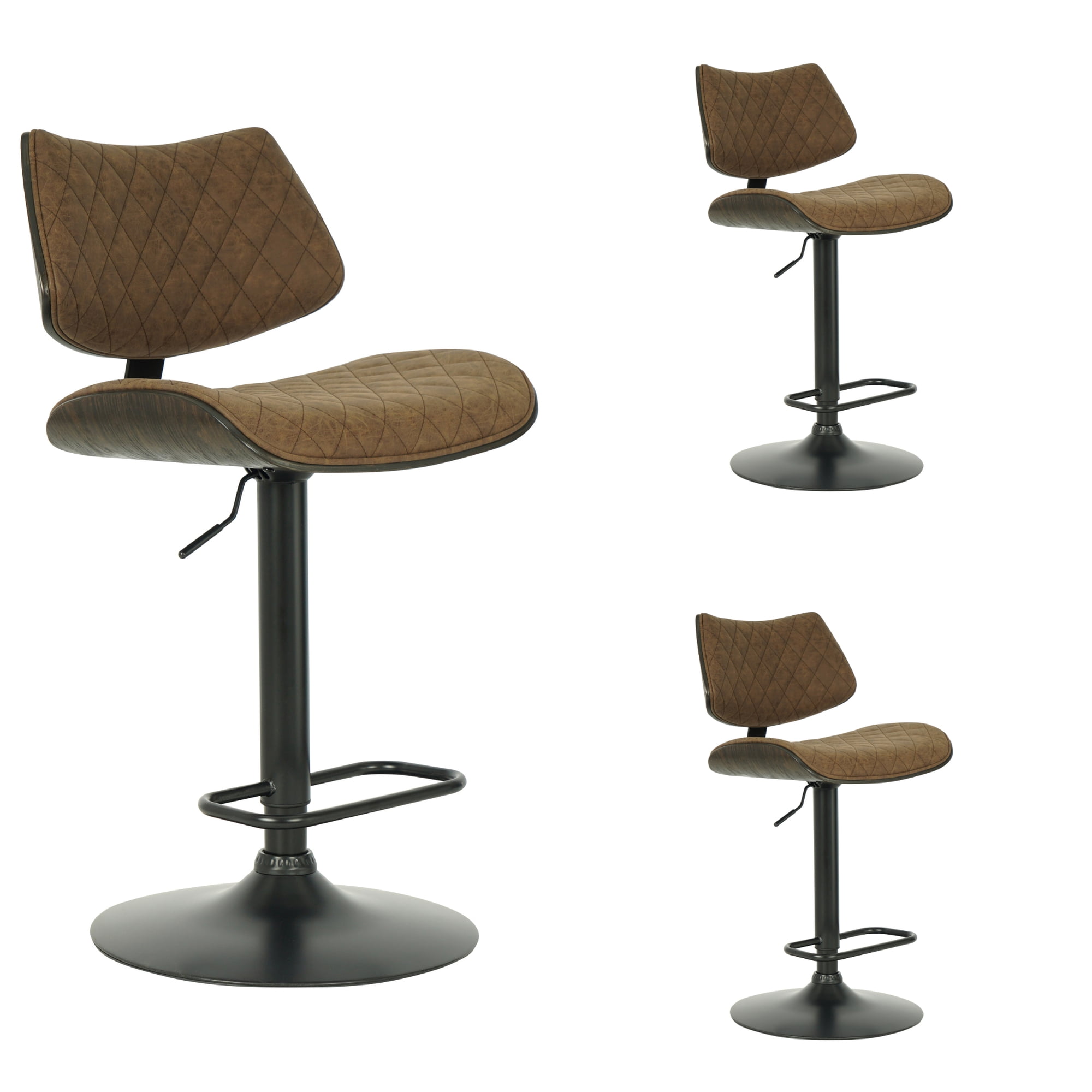 Leland Adjustable Swivel Vintage Dark Brown Curved Back Wood Bar Stool with Faux Leather Seat Set of 3