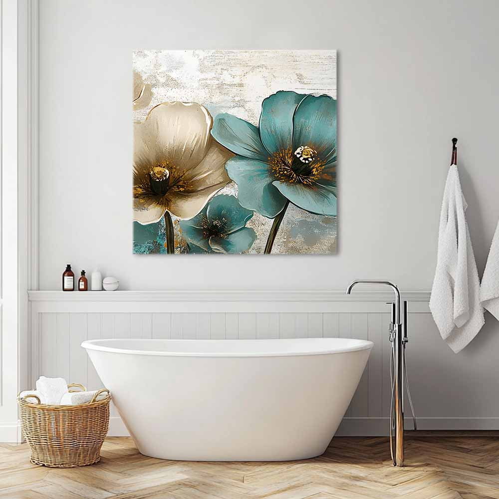 Retro Beige Teal Flowers Canvas Wall Art, Vintage Background Pastoral Style Framed Wall Decor Modern Artwork Prints Painting for Living Room, Bedroom, Kitchen & Cafe Decor 16x16 Inch