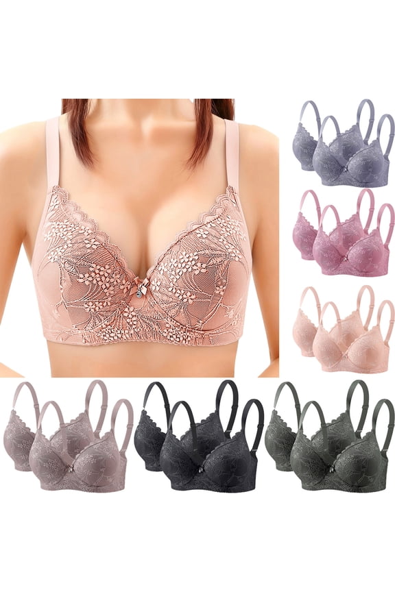 Women's 2 Pack Floral Lace Underwire Bra Bow Front Decor Adjustable Wide Straps Side Support Lift Shaping Comfort Bustier