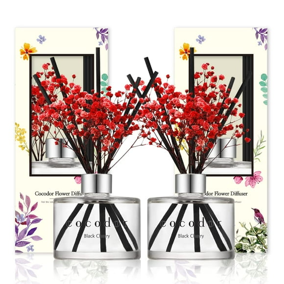 COCODOR Préservé Vrai Diffuseur de Roseaux de Fleurs / Cerise Noire / 6,7 Oz (200ml) / 2 Pack / Jeu de Diffuseur de Roseaux, Diffuseur d'Huile & Bâtonnets de Diffuseur de Roseaux, Décoration de la Maison & Décoration de Bureau, Parfum et Cadeaux