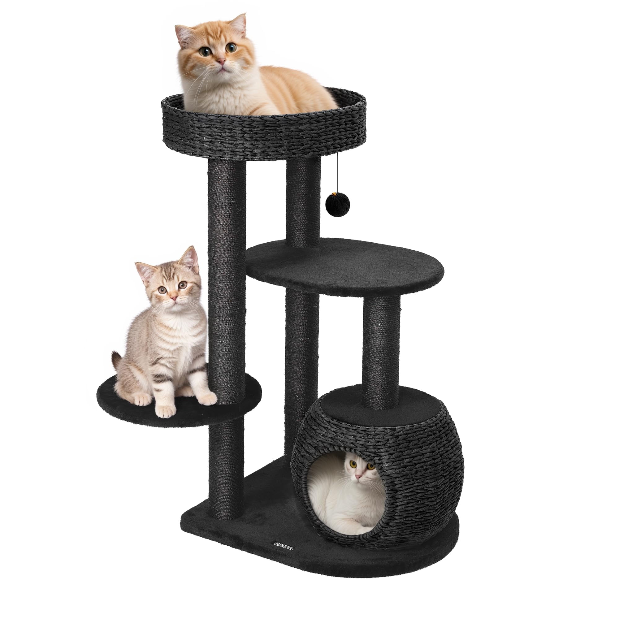 Modern Cat Tree for Indoor Cats, 39 Inch Tall Cat Tower with Scratching Posts, Hand-Woven Condo, Soft Perch & Plush Platforms, Natural Sisal Climbing Structure for Kittens to Play Rest Black