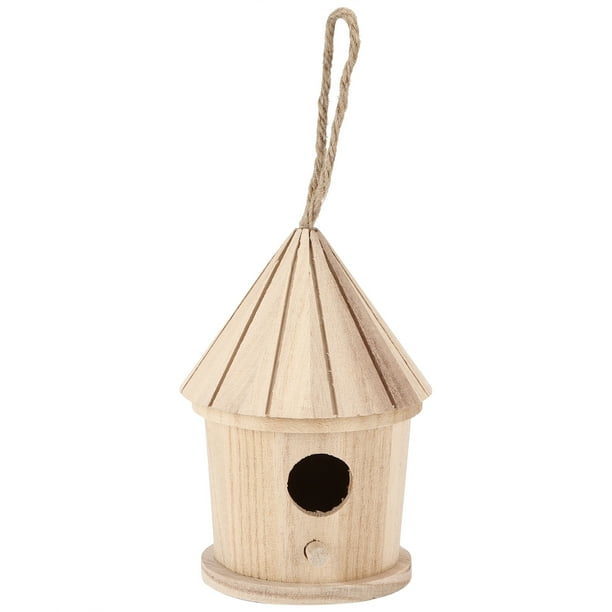Casa de pájaros de madera natural, nido colgante redondo para jardín al aire libre.