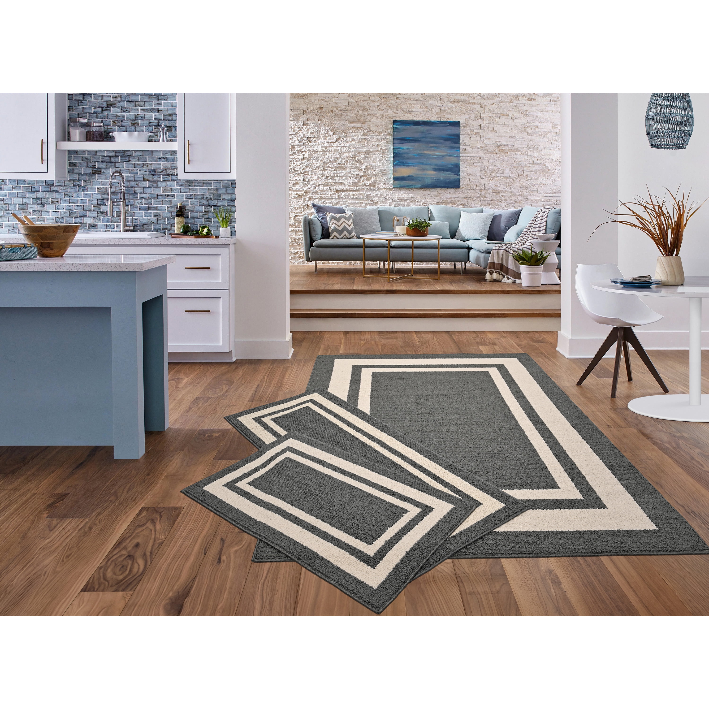 Garland Rug Borderline Polypropylene Cinder Gray/Ivory Indoor/Outdoor Rug Set, 3 Piece Set (24"x40" Accent Rug, 2'x5' Runner Rug, and 5'x7' Area Rug)