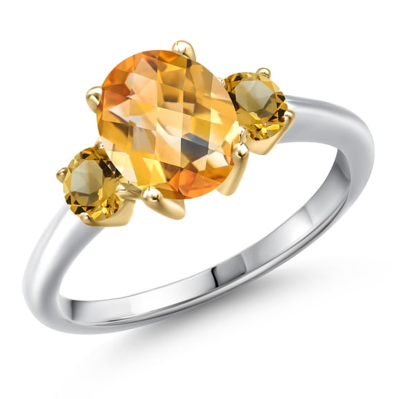 Gem Stone King 925 Silver and 10K Yellow Gold Yellow Citrine Engagement Ring for Women | 2.16 Cttw | Oval Checkerboard 9X7MM | Gemstone November Birthstone | Size 6