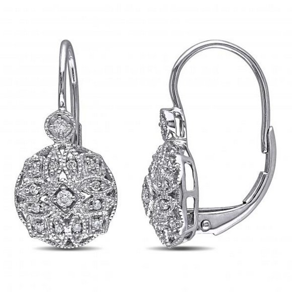 Boucles d'Oreilles en Diamant Style Vintage Levier Floral Or Blanc 14k 0.15ct