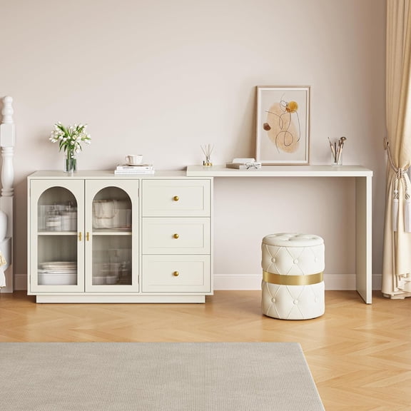 SUNVIVI Makeup Vanity Desk, Extendable Corner Vanity Makeup Table with 3 Drawers, Modern Dressing Table for Bedroom, Makeup Vanity Without Mirror