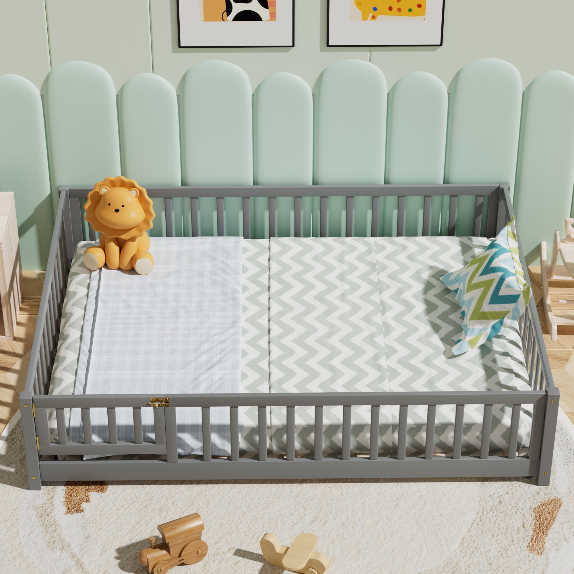 Full Floor Bed Frame for Toddler, Montessori Floor Bed with Fence and Wood Slats, Low Wood Platform Beds for Girls Boys Kids Happy Time, Gray