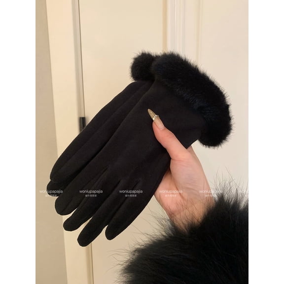 Women's Touchscreen Velvet Gloves, Luxury Fleece Lined Winter Gloves for Ladies,one size fits all,black