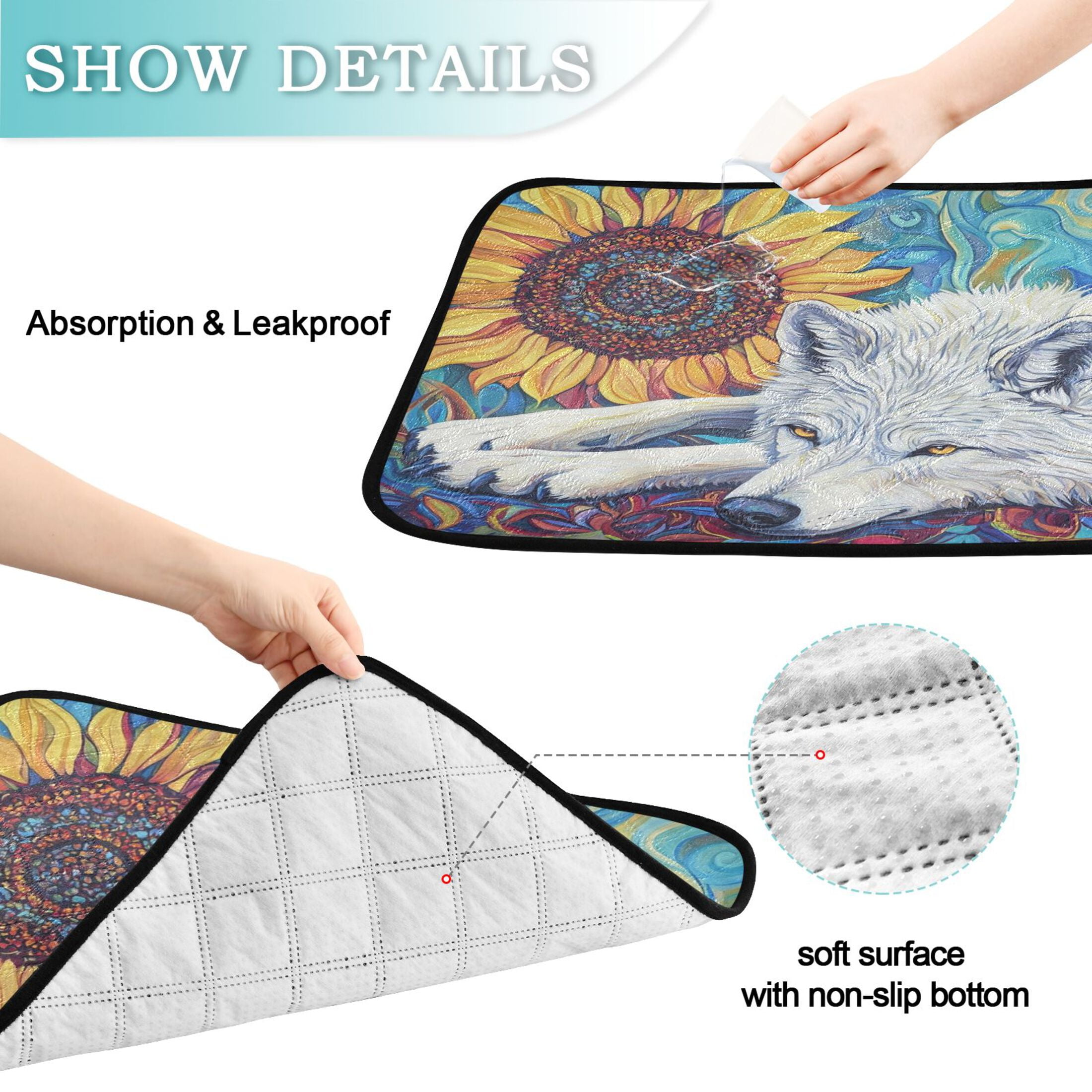 Qxltty White Wolf with Sunflower Cat litter Pads Pet Set of 3 Diaper Mats Center Anti-leakage Layer Absorbent Soft and Comfortable