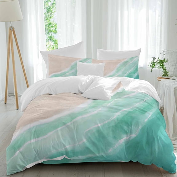 Summer Green Beach Wave Queen Size Comforter Set, Coastal Nautical Watercolor Gradient Ocean Bedding for All Seasons, 4 Pcs Bed Set, 1Quiltcover (90"x92") ,1Sheet(94"x116"), 2Pillowcases (30"x20")
