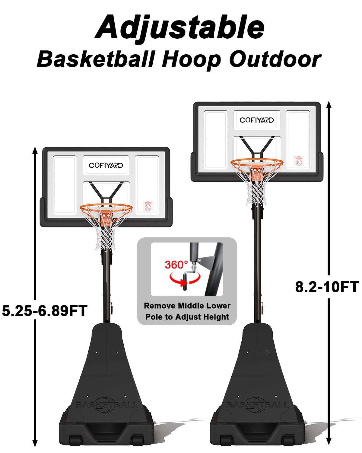 Cofiyard Portable Basketball Hoop, 44" Shatter-Proof Polycarbonate Backboard, 5.25-10FT Height Adjustable with Portable Wheels for Youth and Adults