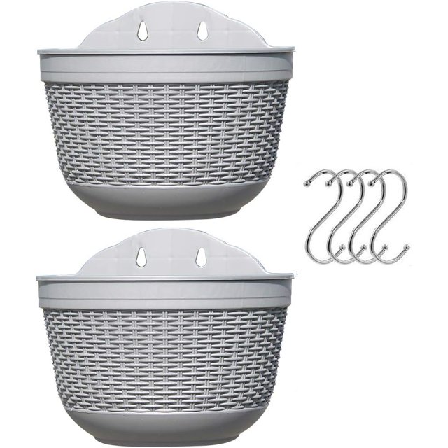 1 juego de 2 maceteros colgantes para exteriores, cesta colgante de plástico, soporte para plantas, colgador para valla de balcón, maceteros montados en la pared con drenaje y 4 ganchos (gris+gris) ER