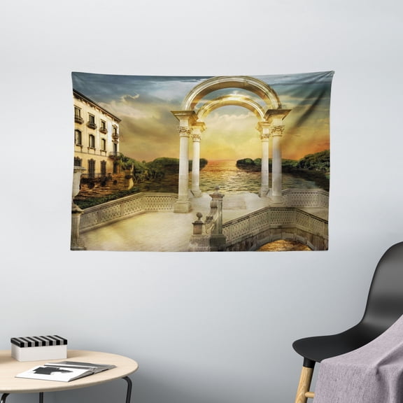 Fantasy Tapestry, Surreal Bridge Gateway with Ornaments Enchanted Woods Fairytale Land, Wall Hanging for Bedroom Living Room Dorm Decor, 60W X 40L Inches, White Light Yellow Green, by Ambesonne