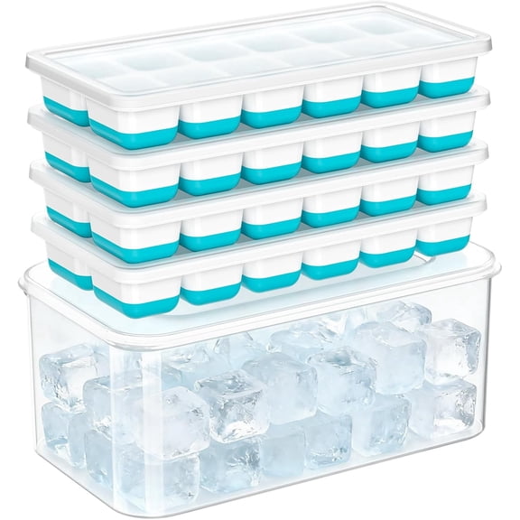 Asoricing Ice Cube Tray with Lid and Bin, 4 Pack Ice Trays for Freezer, Stackable Ice Bucket Kits with Storage Container for Kitchen, RV, Cocktail, Coffee