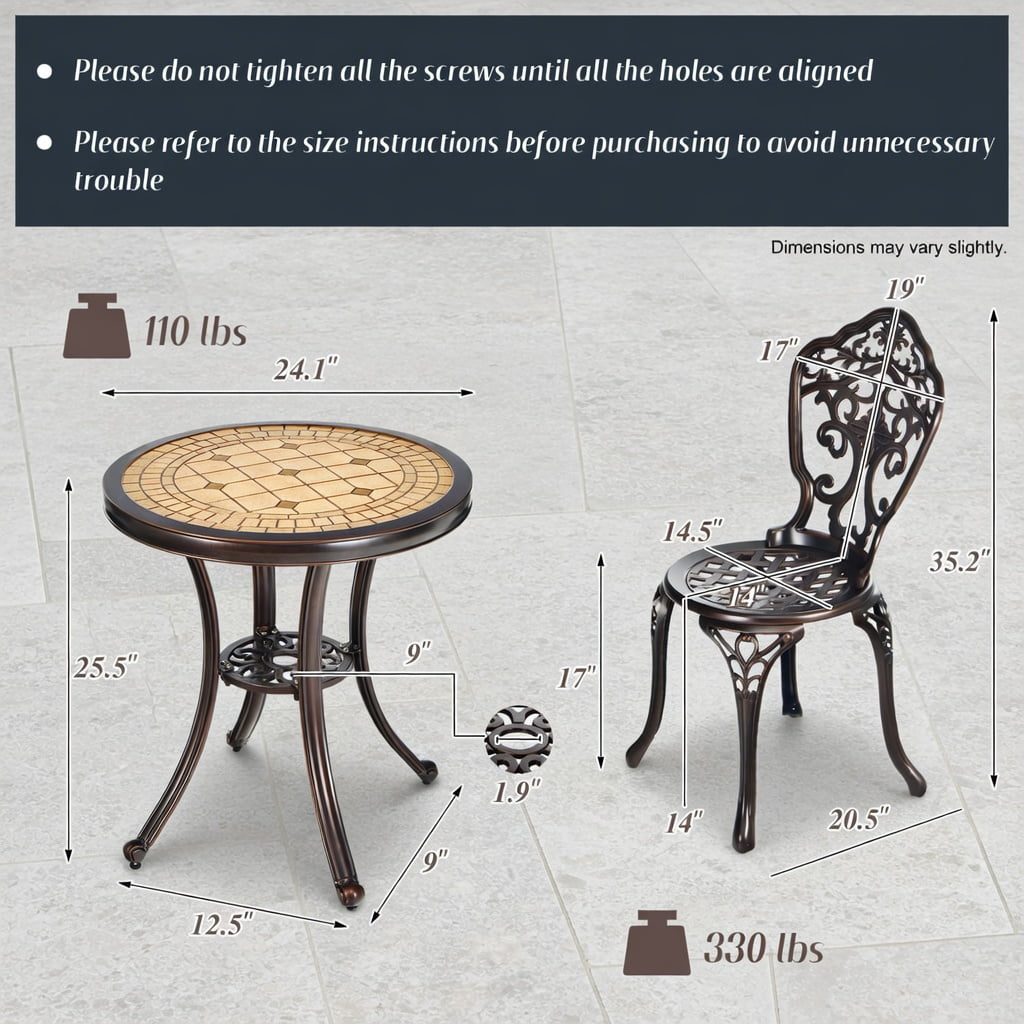 Hommoo 3-Piece All-Weather Cast Aluminum Patio Bistro Set in Copper Finish, Rust-Resistant Outdoor Table & Chairs for Porch, Backyard, Poolside, Brown