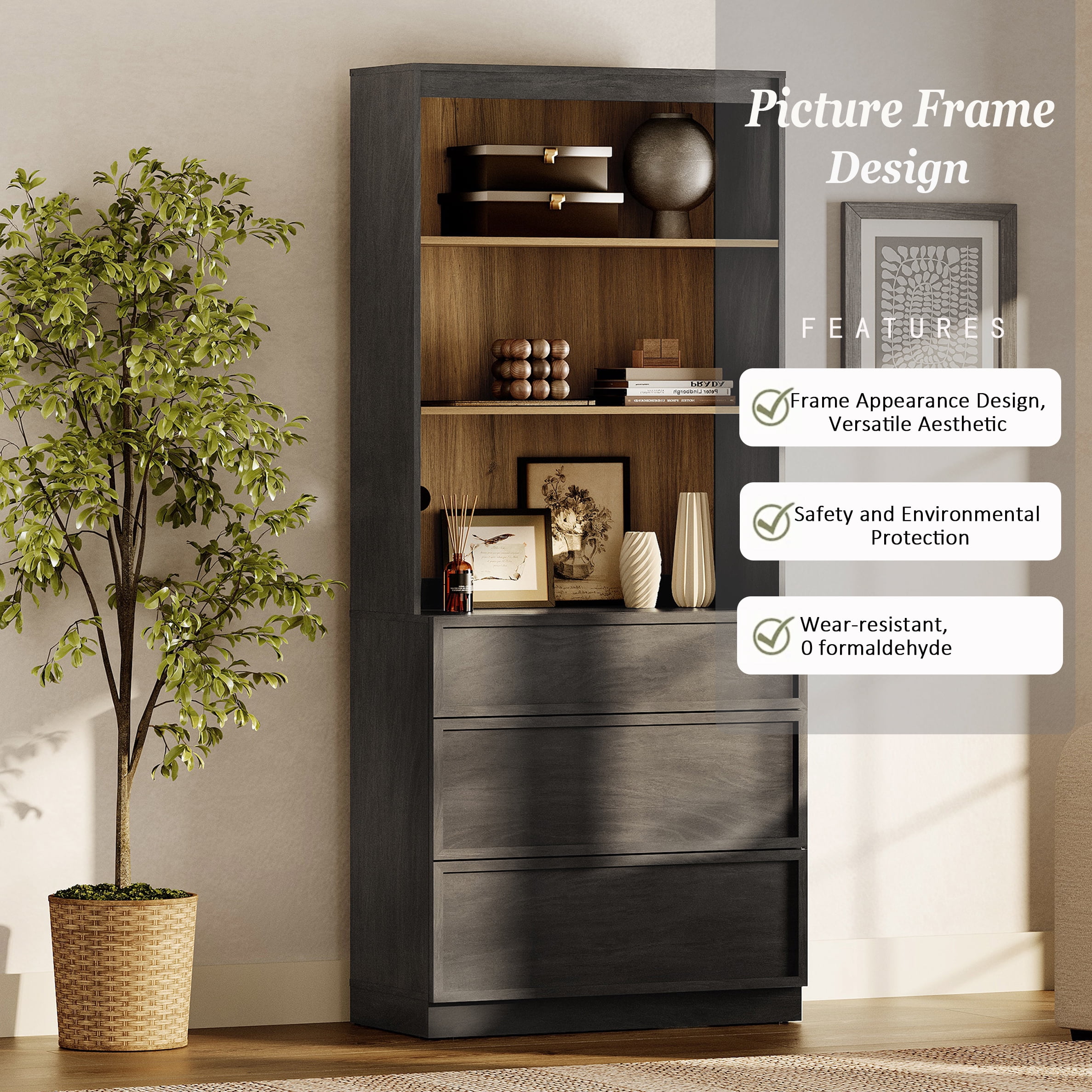 Modern 72" Tall Bookshelf with 3 Drawers and Open Book Shelves,Wood Freestanding Book shelf for Home Office, Living room,Black