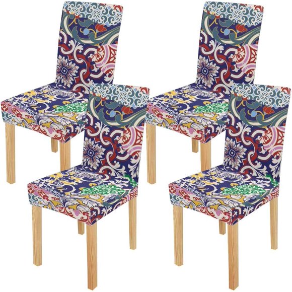 RYLABLUE Azulejos Tiles Patchwork Stretch Chair Cover Protector Seat Slipcover for Dining Room Hotel Wedding Party Set of 4