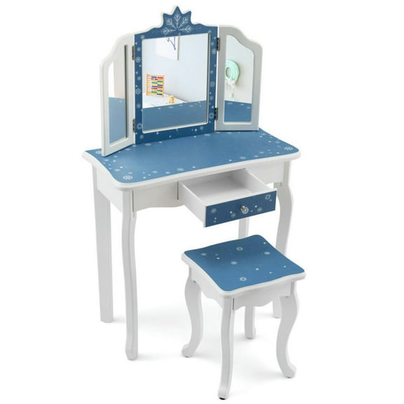 Spaco Princess Vanity Table and Chair Set with Tri-Folding Mirror and Snowflake Print-Blue, Girls Vanity for Girls Kids