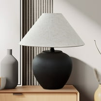Deyidn 15.75" Modern Porcelain Table Lamp with Fabric Shade, Black Bedside Lamp for Bedroom and Living Room