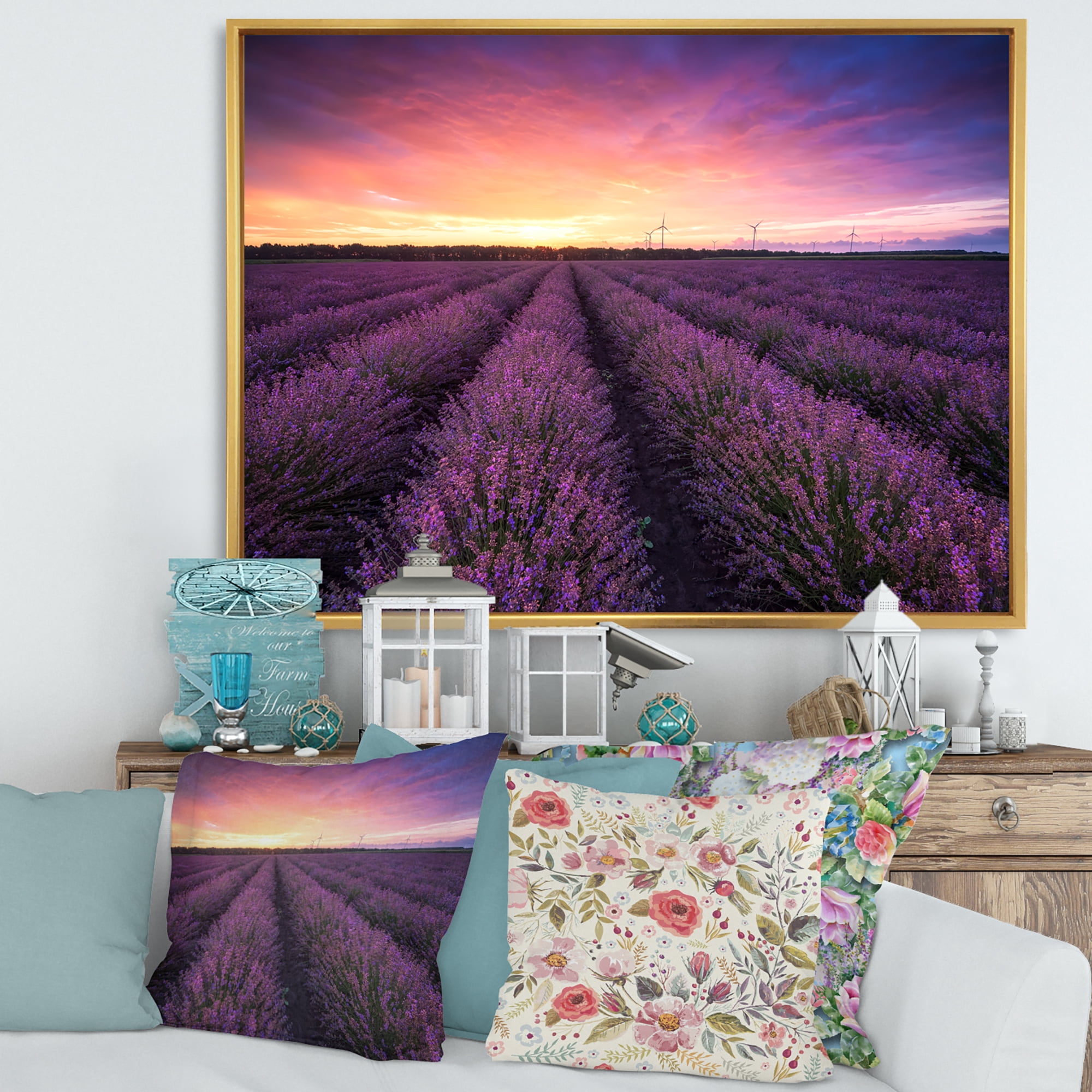 Designart 'Dramatic Clouds and Sunrise Over Lavender Field XIII' Farmhouse Framed Canvas Wall Art Print