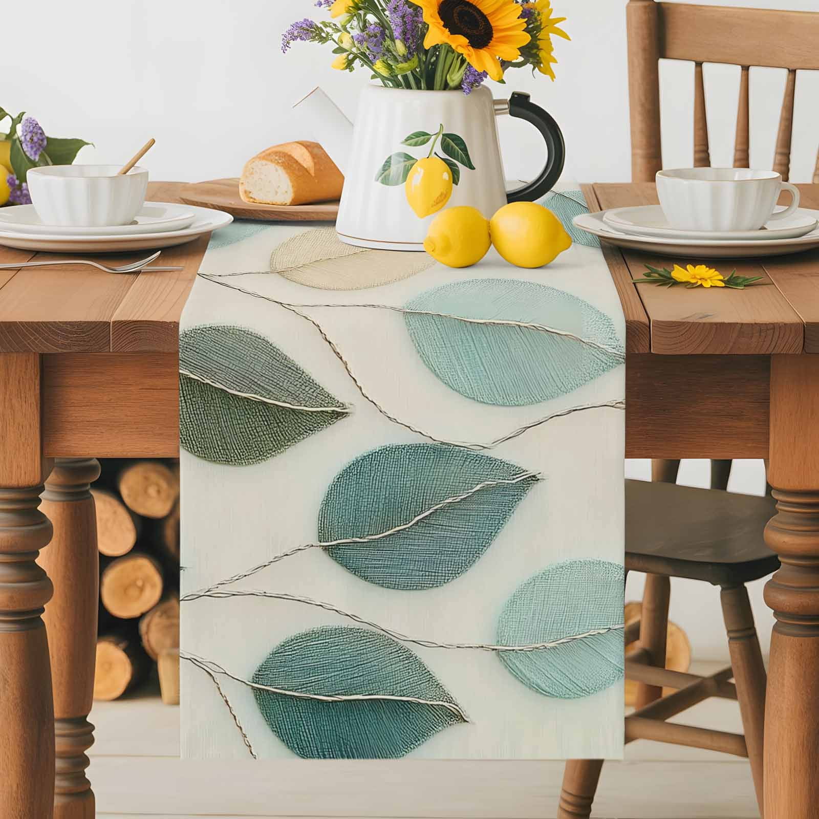 Farmhouse Teal Green Leaf Table Runner 90 Inches Long, Vintage Watercolor Leaves Table Runners Tabletop Scarf Kitchen Dining Tables Decoration for Home Party Indoor Outdoor