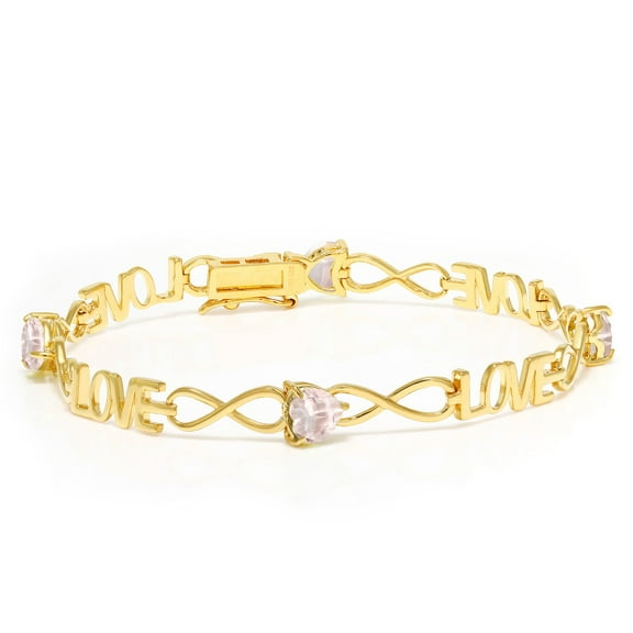 Gem Stone King 2.86 Ct Heart Shape Rose Rose Quartz 18K Yellow Gold Plated Silver Bracelet for Women