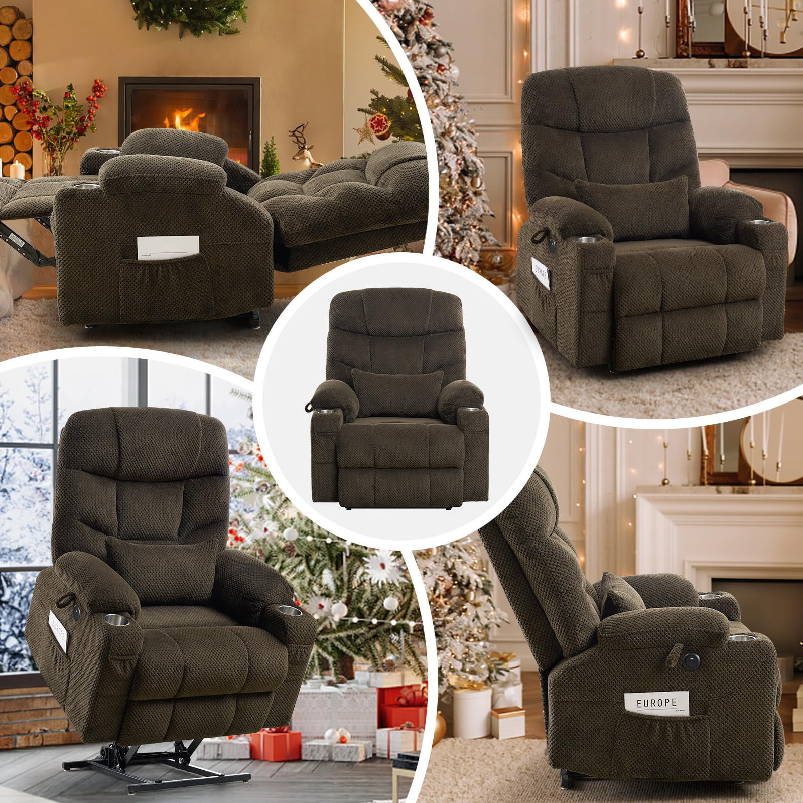 JULY'S SONG Dual Motor Lay Flat Power Lift Recliner Chair with Heat and Massage, USB & Type-C Ports, Large Recliners for Living Room, Oversized Recliner for Adults & Elderly - Dark Brown