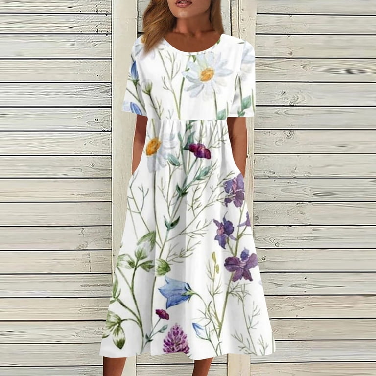 Jzuxvd Summer Plus Size Cotton Linen Dress for Women Loose Short Sleeve Midi Flowy Dresses Lace Edge Loose Ruffle Sundress Purple 3XL