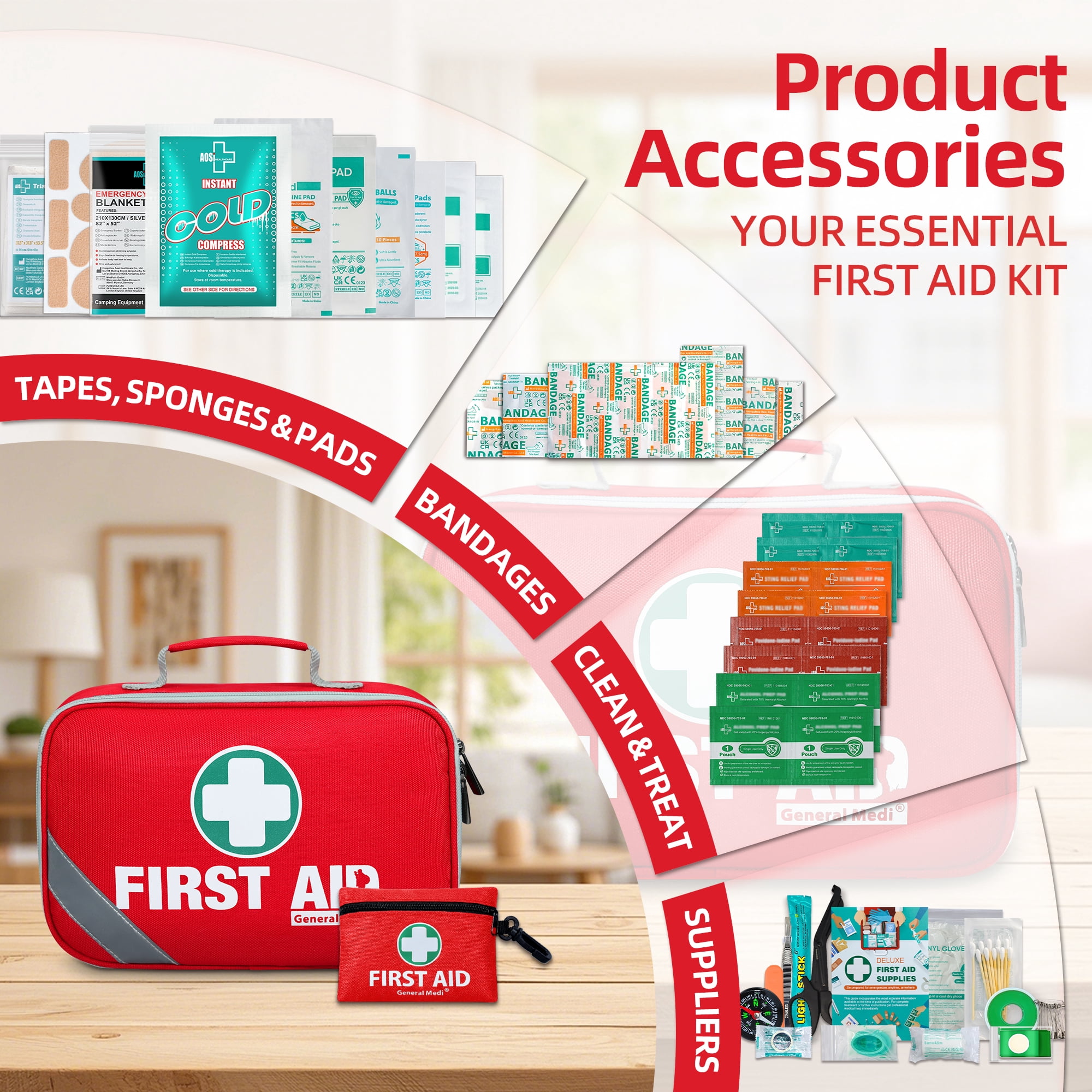 General Medi First Aid Kit 215-Piece 2-in-1 with Bonus 43-Piece Mini Kit Includes Eyewash Cold Pack Moleskin Pads Emergency Blanket - Ideal for Home Travel Car Office Camping