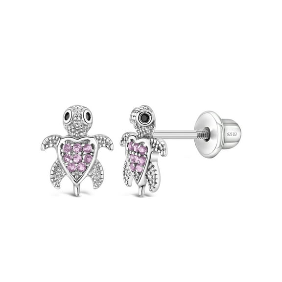 925 Sterling Silver Pink Cubic Zirconia Cute Turtle Screw Back Earring for Girls