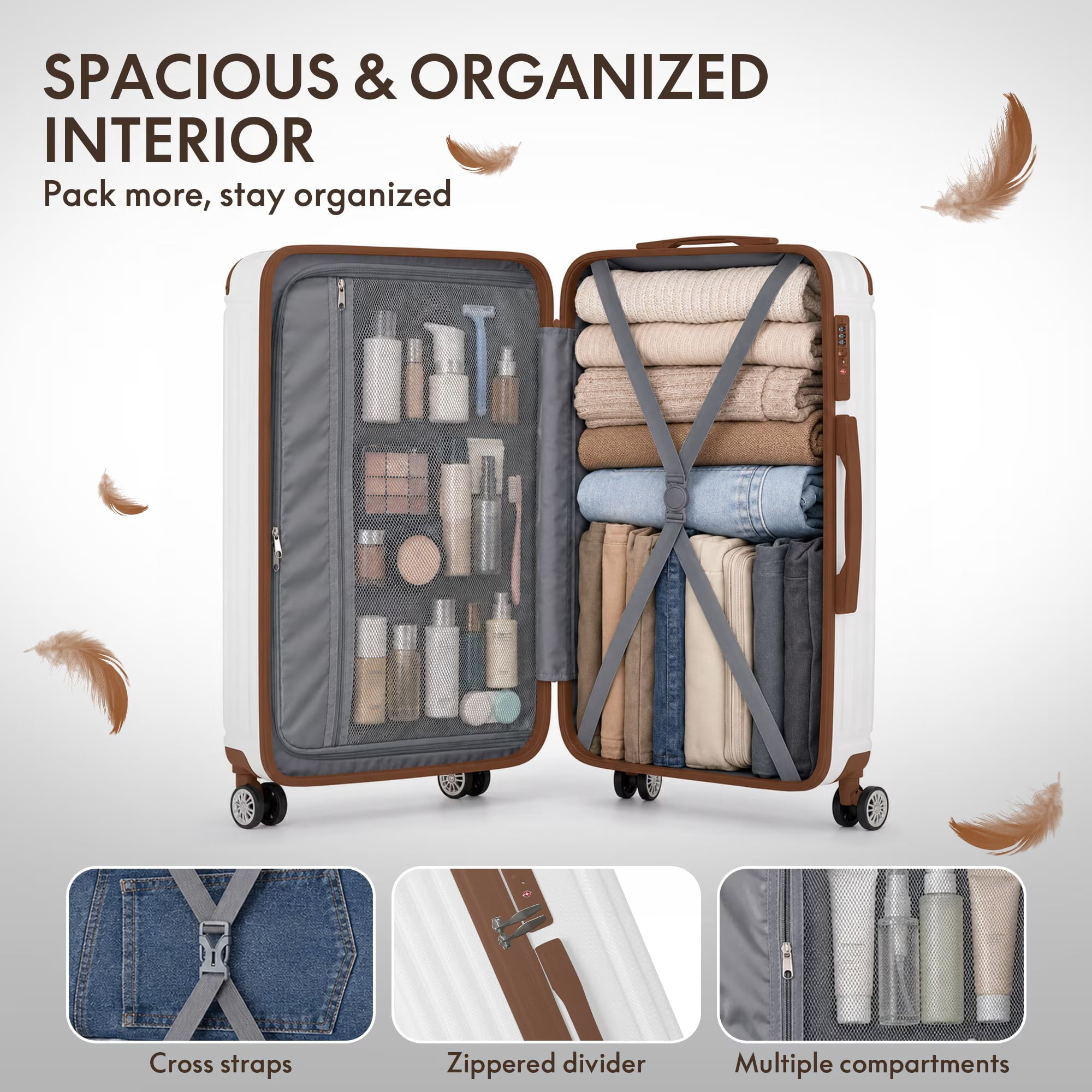 avobird 3-Piece ABS Hardshell Luggage Set – Lightweight and scratch-resistant, featuring silent 360° spinner wheels and TSA-approved locks, 20"/24"/28", White