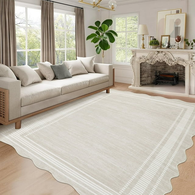 Garvee Modern Bordered Large Area Rugs, 9'x12' Abstract Aesthetic Soft Living Room Rug Irregular Non-Slip Low-Pile Scalloped Rugs Carpet for Bedroom Dining Room Home Office, Beige