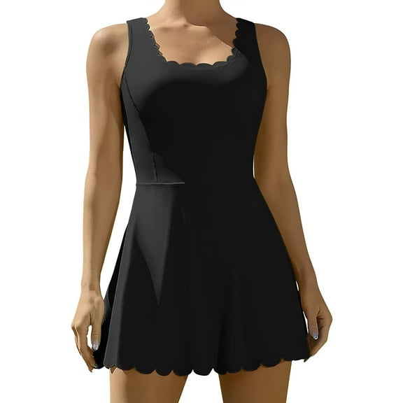 Charmo Womens Scallped Trim Tennise Dress Workout Athletic Golf Dresses with Shorts and Pockets