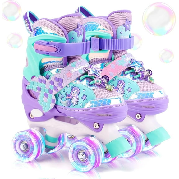 Mermaid Roller Skates for Girls Kids Toddler Ages 2-4 5-8 8-12,Adjustable Roller Skates W/ LED Light-Up Wheels for Outdoor Beginner Gifts