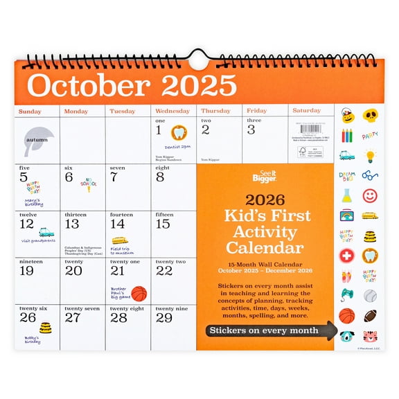 See it Bigger Monthly Kids Wall Calendar Medium (15″x 12″); 15-Month, Oct 2025-Dec 2026