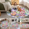 thumbnail image 5 of Blue Purple Gnomes Round Area Rug 8Ft Washable Large Circle Rugs for Living Room Dorm, Spring Hydrangea Flower Leaf Green Plaid Non-Slip Carpet Floor Mats Indoor Outdoor Carpet Runner Home Decor, 5 of 8