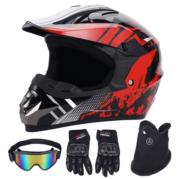 XiongXiong Dirt Bike Helmet DOT Certified, Full Face Motorcycle Helmet w/ Goggles, Gloves, Mask, for Off-Road, ATV, Sun Visor Snowmobile, Red, L