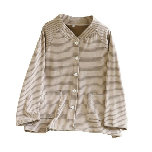 Fengactive Women's Striped Pajama Tops V-Neck Button Down Sleepwear Long Sleeve Warm Thermal Jacket with Pockets