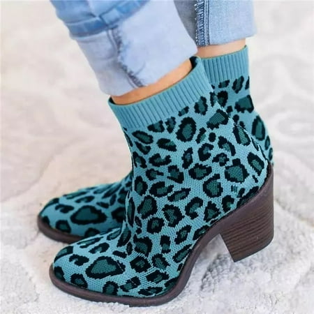 

Women s Chunky Heel Knitted Elastic Boots Children Leopard Print Shoes