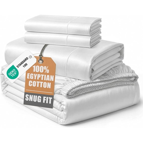 100% Egyptian Cotton King Sheets Set 4 Piece Silky Sateen Weave with 15 Inch Deep Pockets